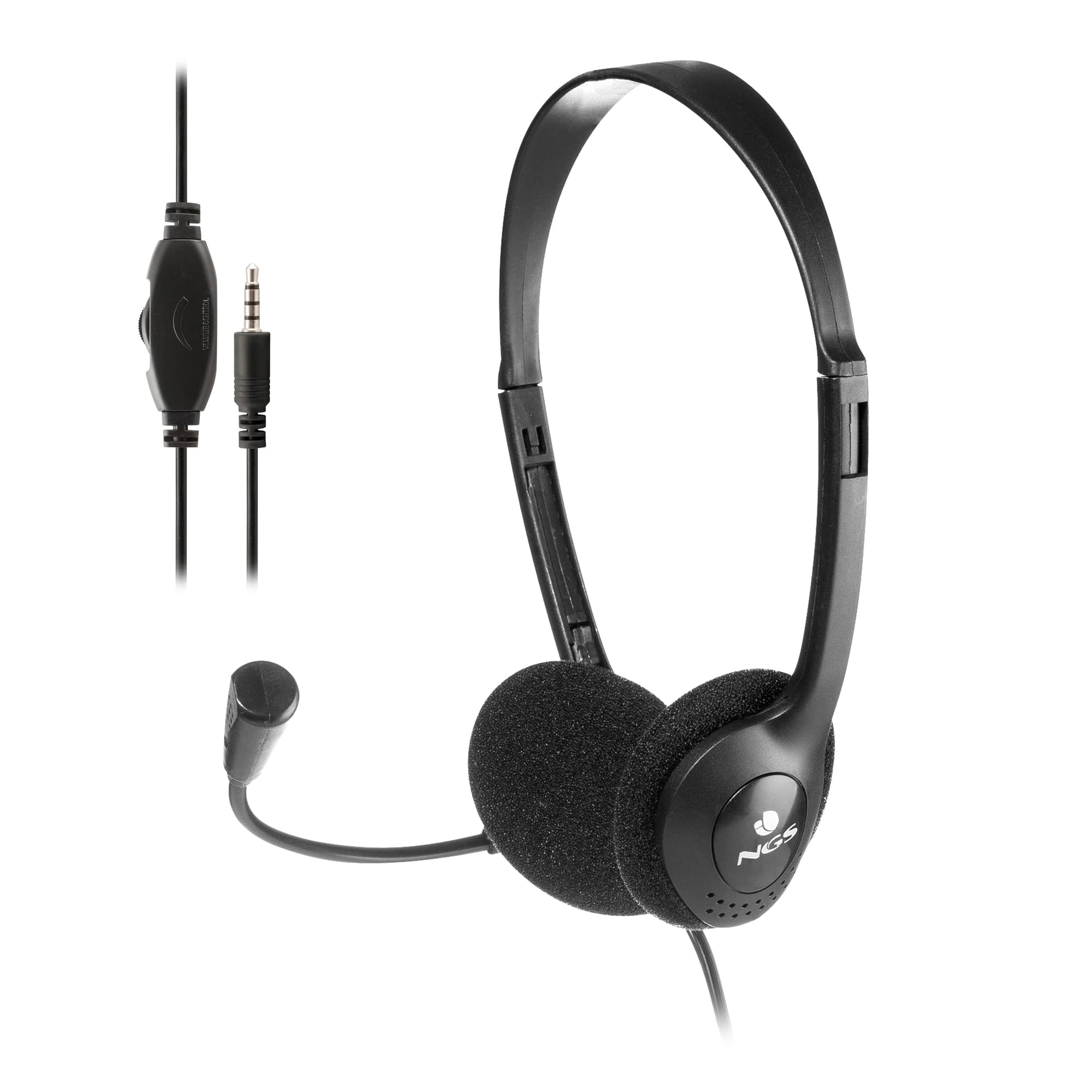 NGS - Auriculares de diadema NGS MS 103 MAX para ordenador con microfono y control de volumen Jack 3,5 mm + adaptador a doble jack 3,5mm.